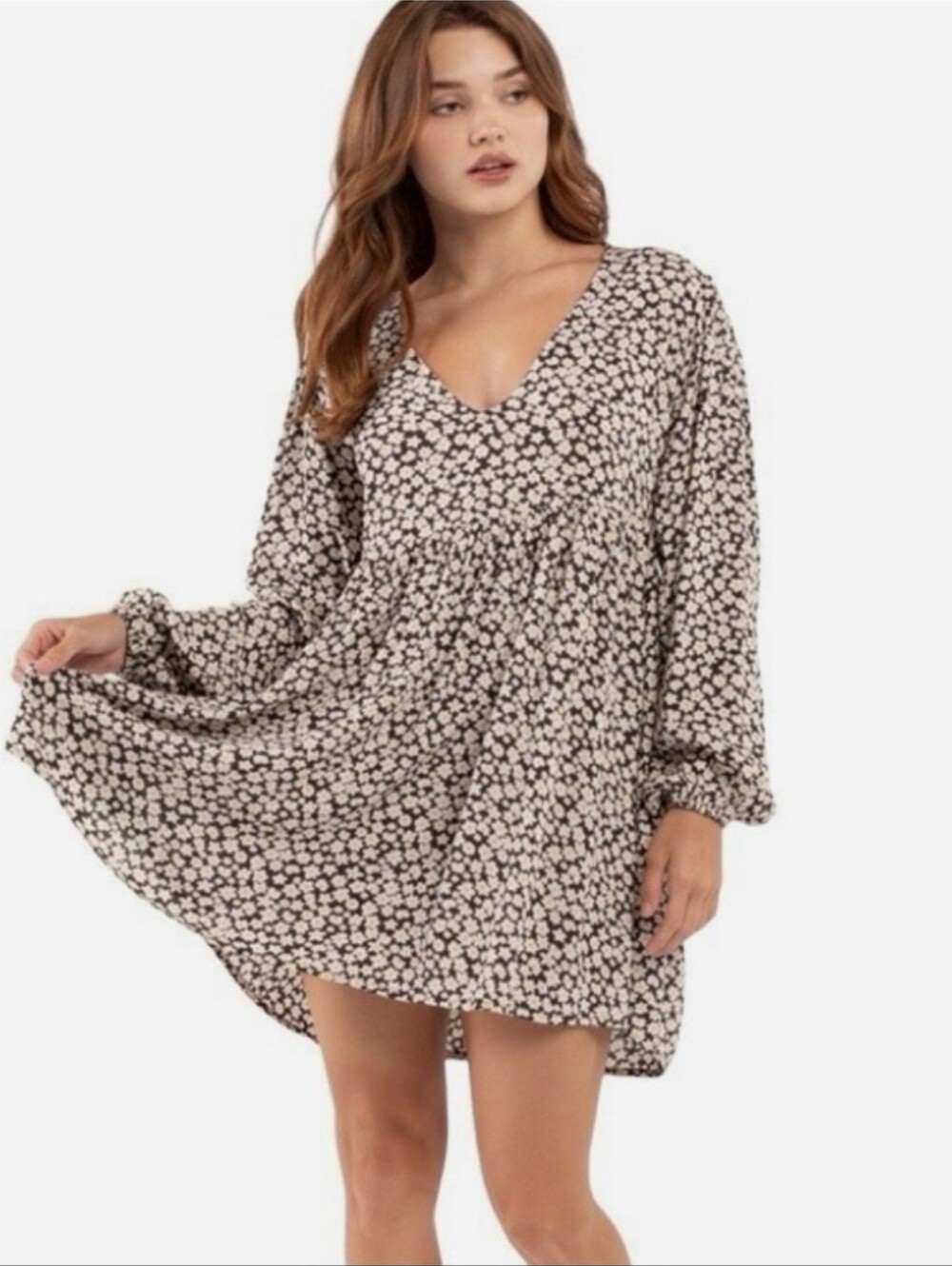 Billabong Black Floral Babydoll Dress with White & Yellow Daisies